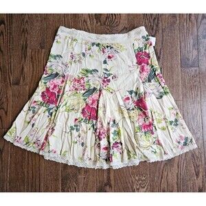 Cabi #380 Womens O'hara Cottagecore Floral Skirt Sz 12 Pink Flare Lace Trim NEW